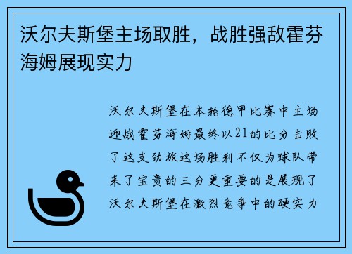 沃尔夫斯堡主场取胜，战胜强敌霍芬海姆展现实力