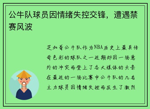 公牛队球员因情绪失控交锋,遭遇禁赛风波