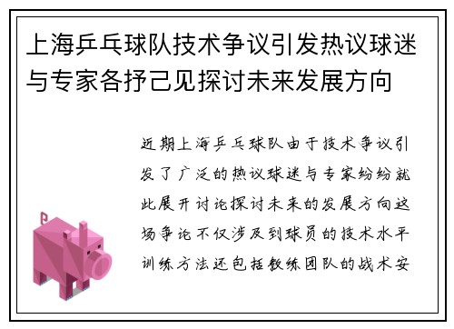 上海乒乓球队技术争议引发热议球迷与专家各抒己见探讨未来发展方向