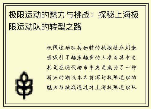 极限运动的魅力与挑战:探秘上海极限运动队的转型之路