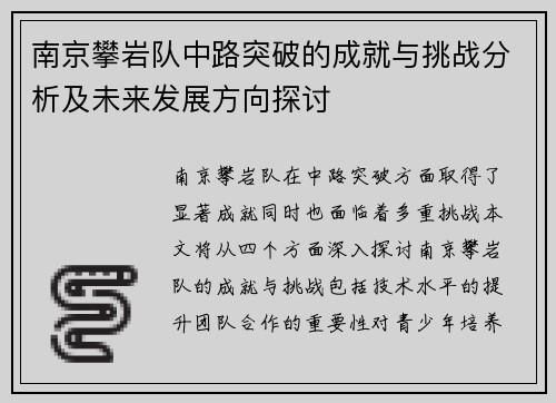 南京攀岩队中路突破的成就与挑战分析及未来发展方向探讨