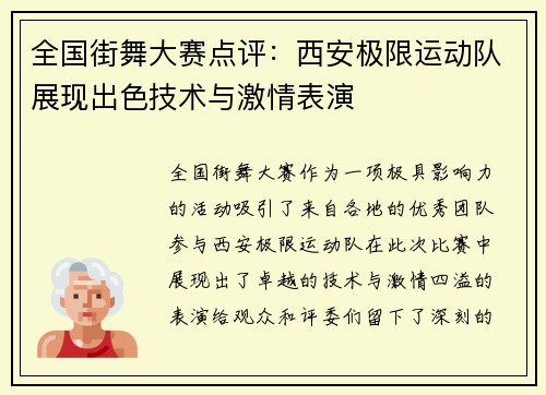 全国街舞大赛点评：西安极限运动队展现出色技术与激情表演