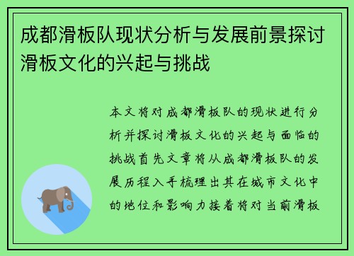 成都滑板队现状分析与发展前景探讨滑板文化的兴起与挑战
