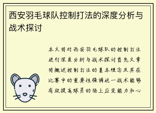 西安羽毛球队控制打法的深度分析与战术探讨
